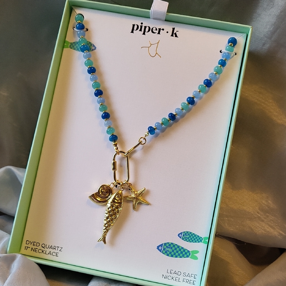Piper K Blue Beaded Necklace with Gold Sea Charms FISH STARFISH TA Th